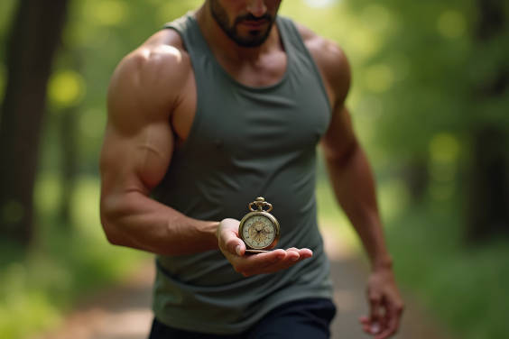 a running man looking at a old clock in his hand, Jogging